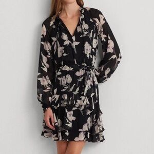 Lauren Floral Belted Crinkle Georgette Dress